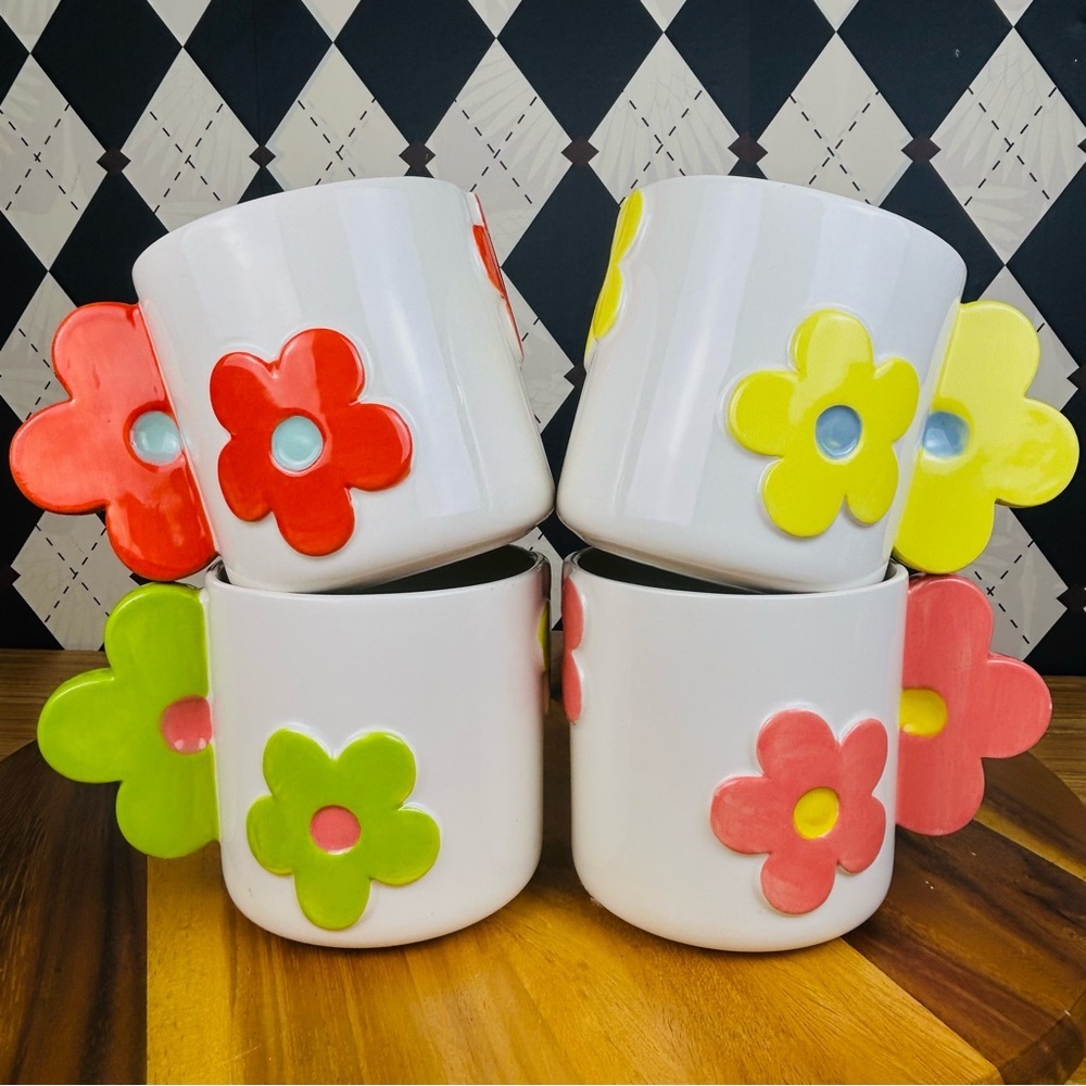 Flower Ceramic Mugs Set Retro Pop Art Bright Color Handles‎